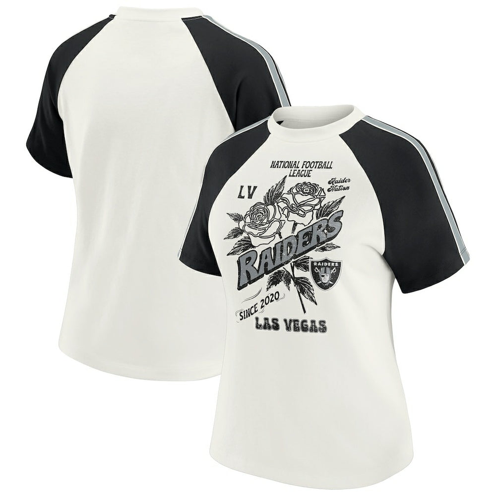 Las Vegas Raiders WEAR by Erin Andrews Women's Sleeve Stripe Distressed Raglan T-Shirt White | NFL
