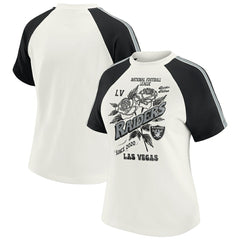 Las Vegas Raiders WEAR by Erin Andrews Women's Sleeve Stripe Distressed Raglan T-Shirt White | NFL