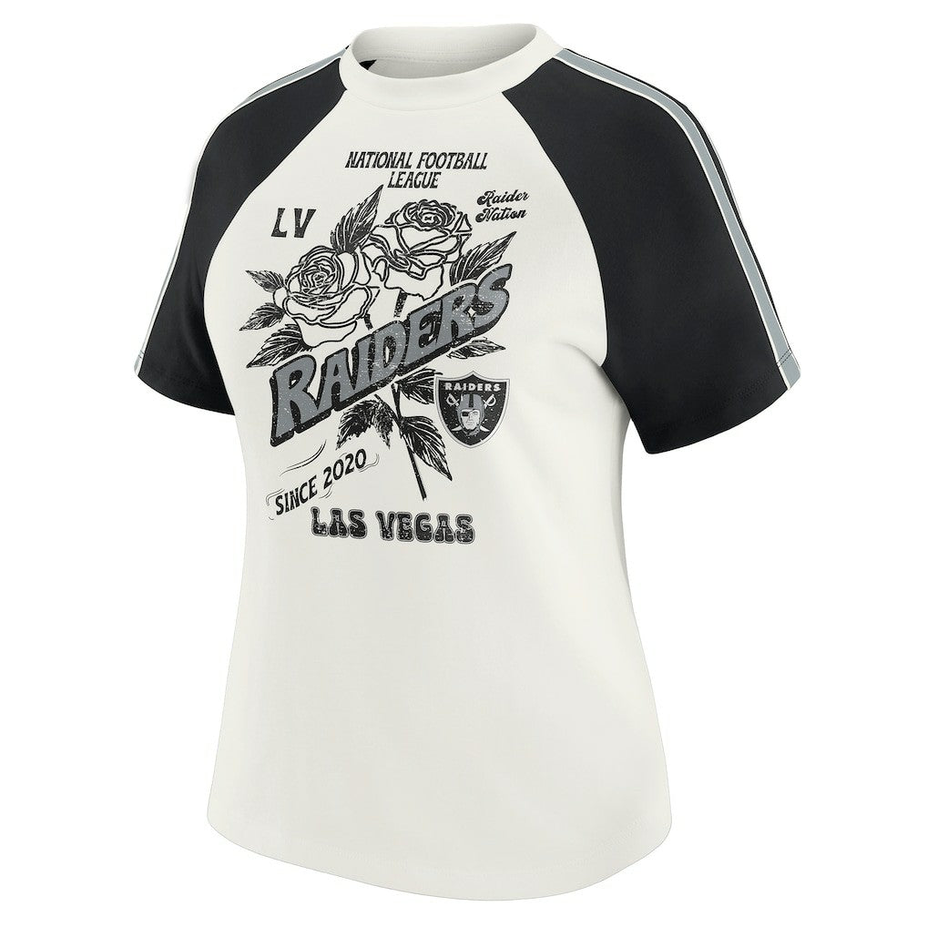Las Vegas Raiders WEAR by Erin Andrews Women's Sleeve Stripe Distressed Raglan T-Shirt White | NFL