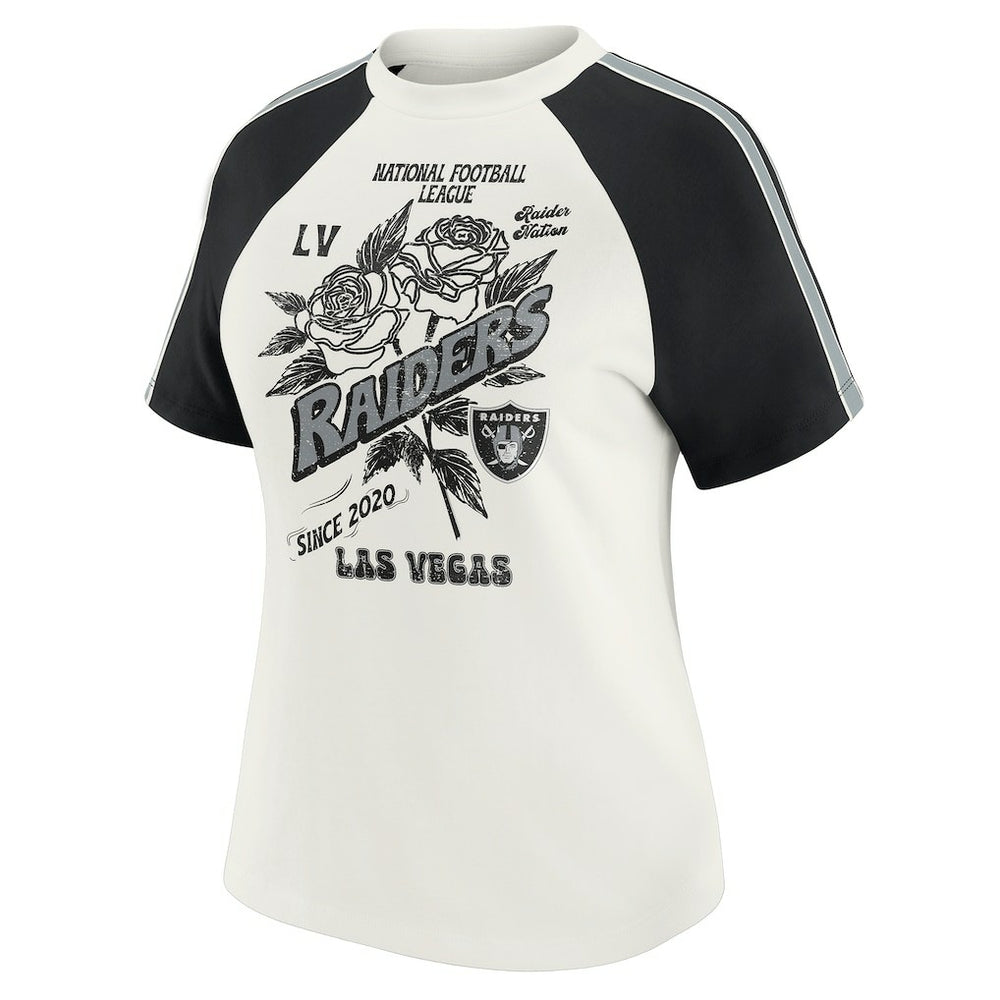 Las Vegas Raiders WEAR by Erin Andrews Women's Sleeve Stripe Distressed Raglan T-Shirt White | NFL