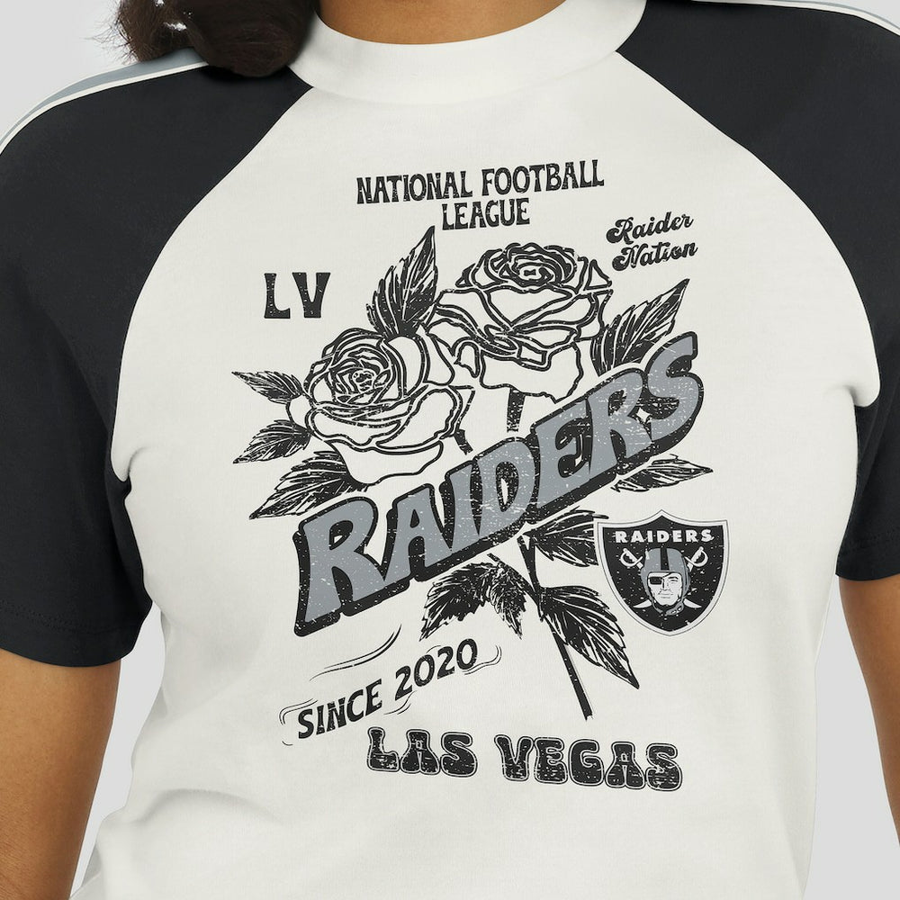 Las Vegas Raiders WEAR by Erin Andrews Women's Sleeve Stripe Distressed Raglan T-Shirt White | NFL