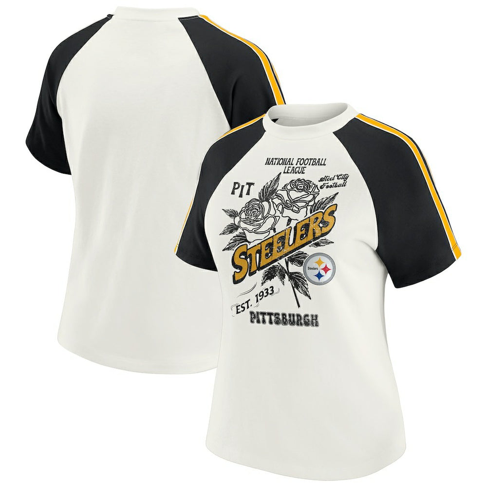 Pittsburgh Steelers WEAR by Erin Andrews Women's Sleeve Stripe Distressed Raglan T-Shirt White | NFL