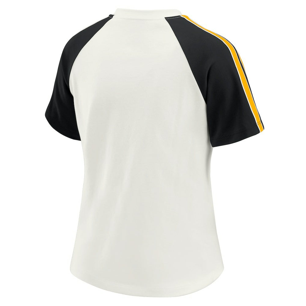 Pittsburgh Steelers WEAR by Erin Andrews Women's Sleeve Stripe Distressed Raglan T-Shirt White | NFL