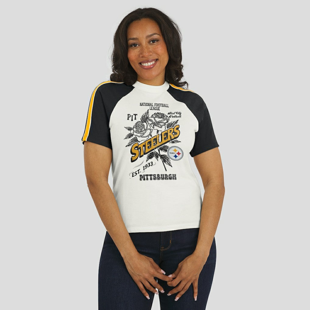 Pittsburgh Steelers WEAR by Erin Andrews Women's Sleeve Stripe Distressed Raglan T-Shirt White | NFL