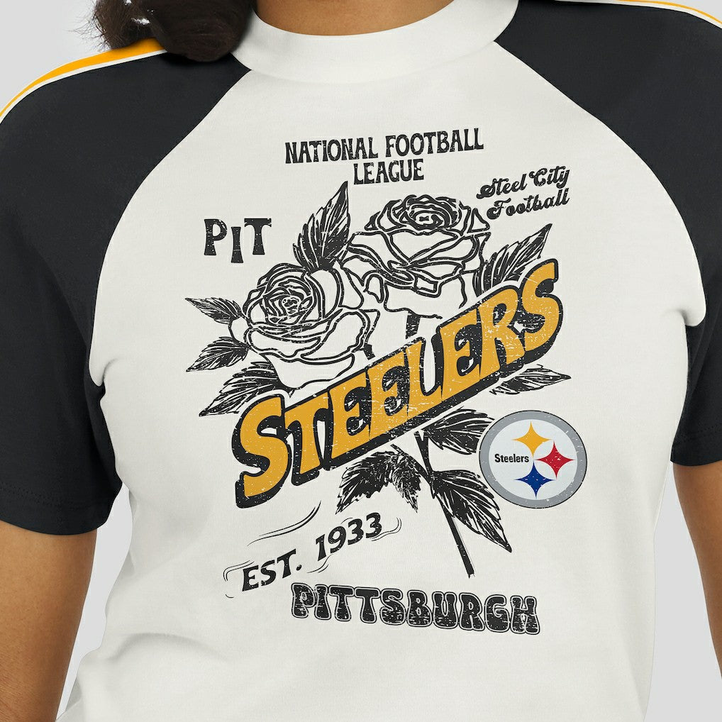 Pittsburgh Steelers WEAR by Erin Andrews Women's Sleeve Stripe Distressed Raglan T-Shirt White | NFL