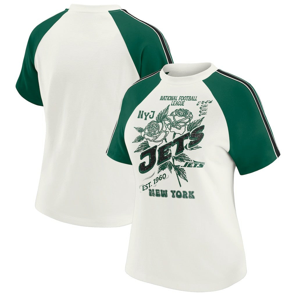 New York Jets WEAR by Erin Andrews Women's Sleeve Stripe Distressed Raglan T-Shirt White | NFL