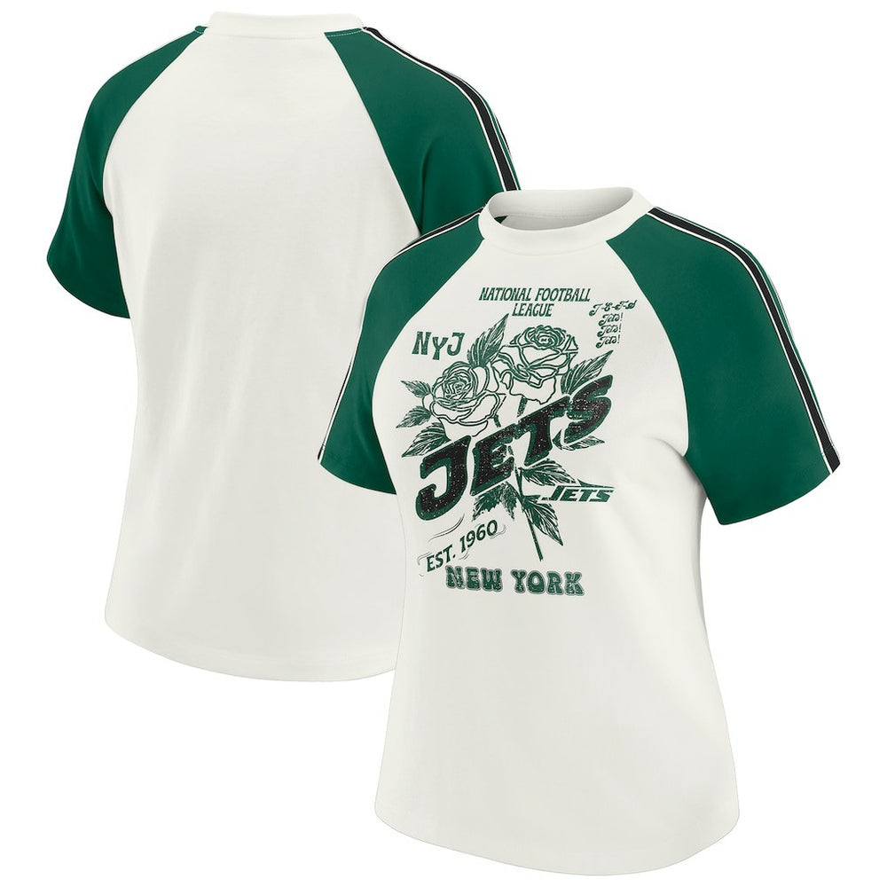 New York Jets WEAR by Erin Andrews Women's Sleeve Stripe Distressed Raglan T-Shirt White | NFL