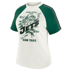 New York Jets WEAR by Erin Andrews Women's Sleeve Stripe Distressed Raglan T-Shirt White | NFL