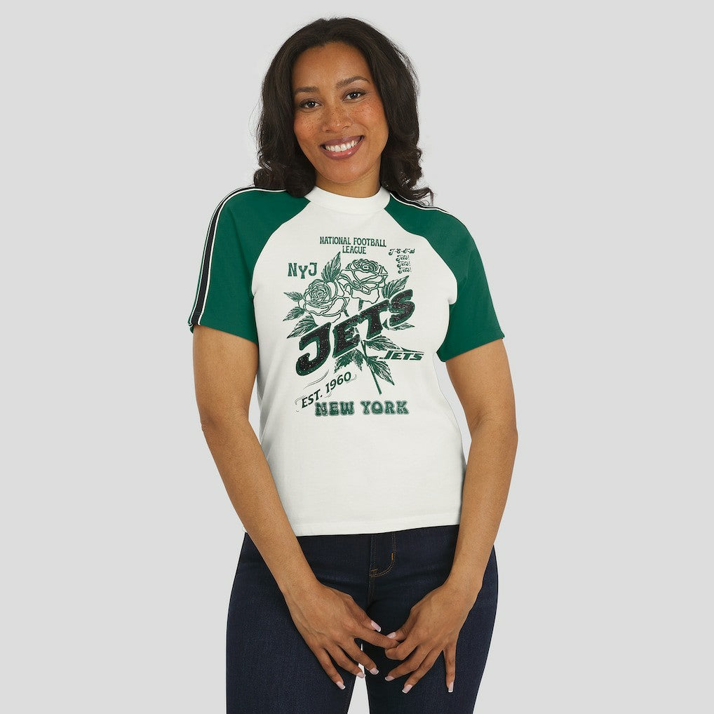 New York Jets WEAR by Erin Andrews Women's Sleeve Stripe Distressed Raglan T-Shirt White | NFL