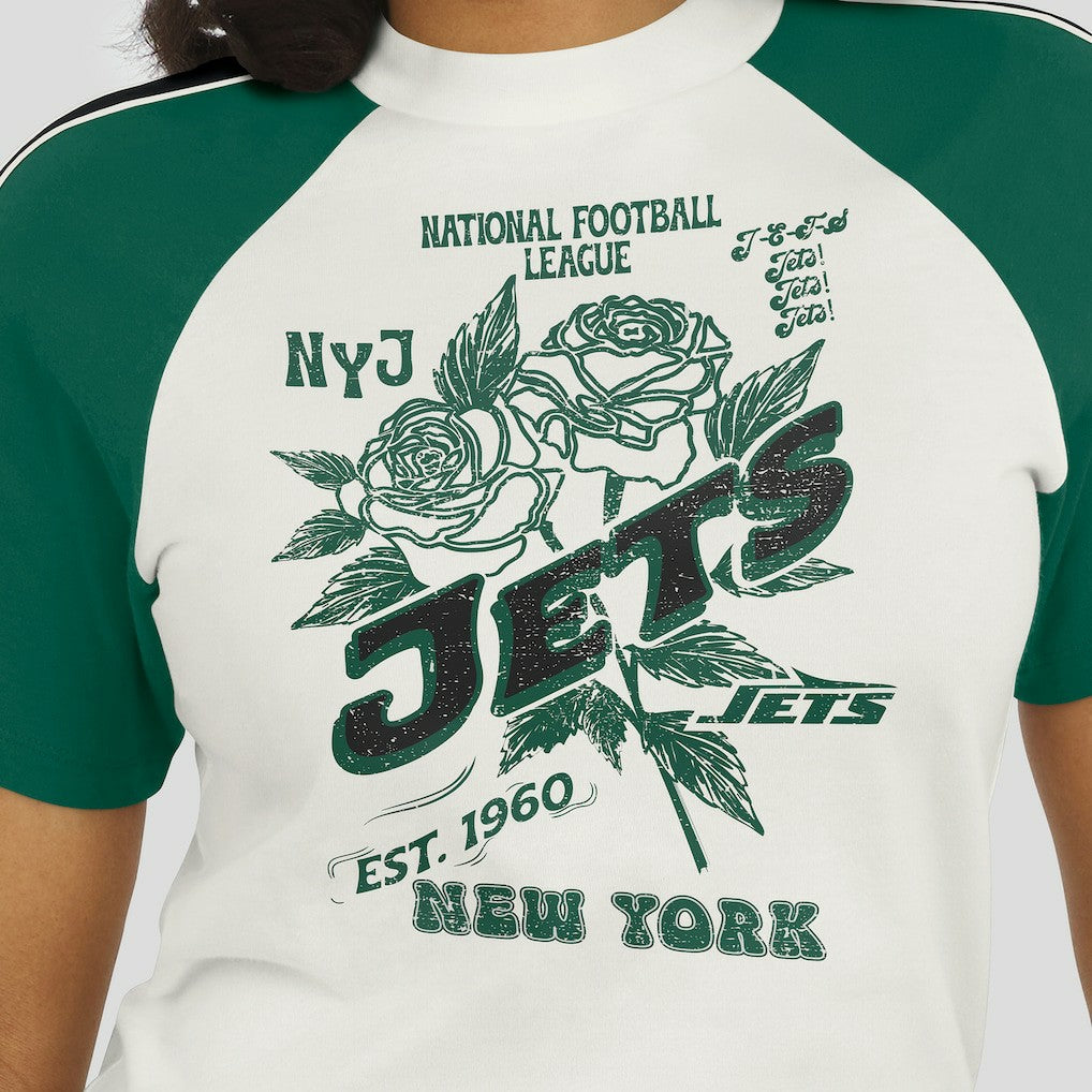New York Jets WEAR by Erin Andrews Women's Sleeve Stripe Distressed Raglan T-Shirt White | NFL