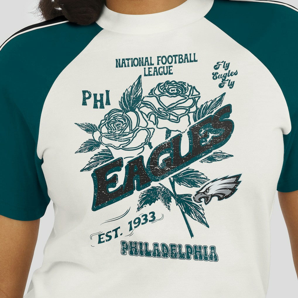Philadelphia Eagles WEAR by Erin Andrews Women's Sleeve Stripe Distressed Raglan T-Shirt White | NFL