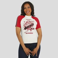 San Francisco 49ers WEAR by Erin Andrews Women's Sleeve Stripe Distressed Raglan T-Shirt White | NFL