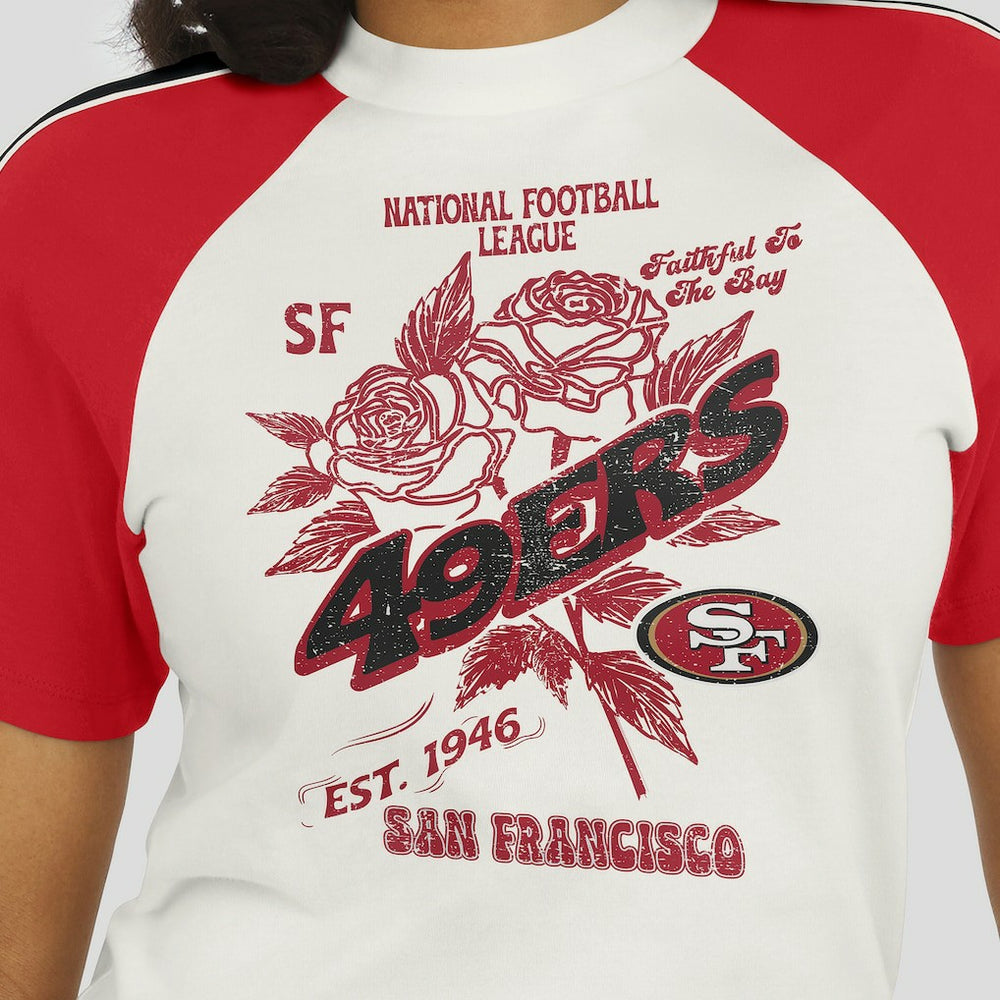 San Francisco 49ers WEAR by Erin Andrews Women's Sleeve Stripe Distressed Raglan T-Shirt White | NFL