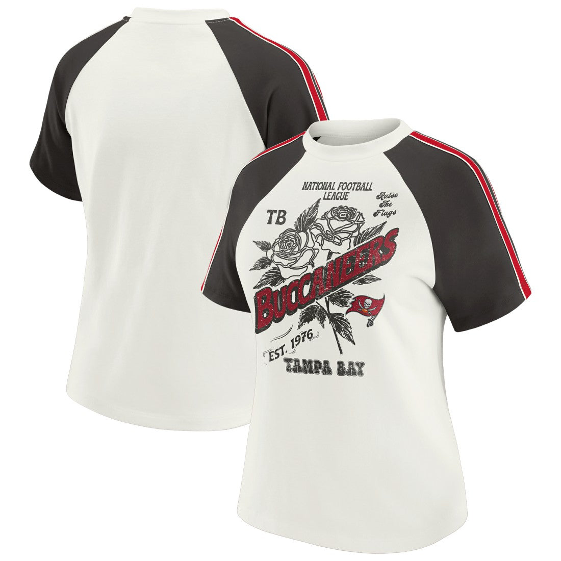 Tampa Bay Buccaneers WEAR by Erin Andrews Women's Sleeve Stripe Distressed Raglan T-Shirt White | NFL