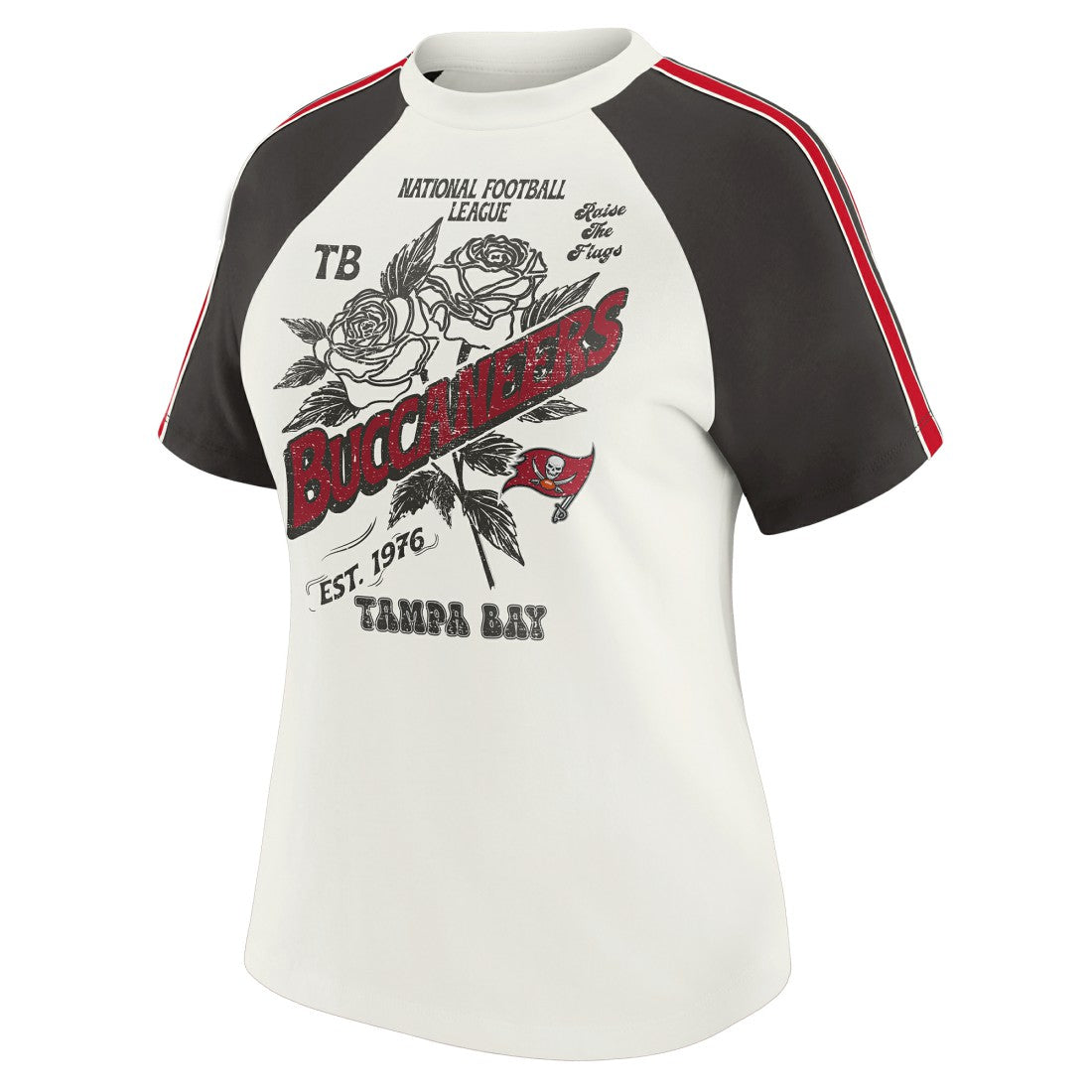 Tampa Bay Buccaneers WEAR by Erin Andrews Women's Sleeve Stripe Distressed Raglan T-Shirt White | NFL