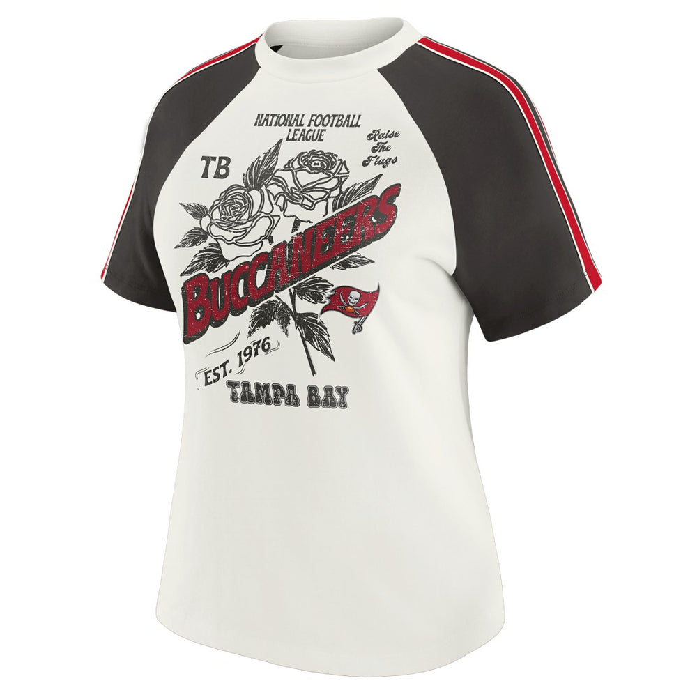 Tampa Bay Buccaneers WEAR by Erin Andrews Women's Sleeve Stripe Distressed Raglan T-Shirt White | NFL