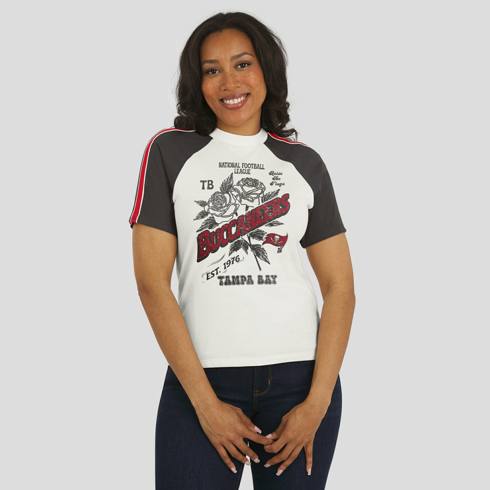 Tampa Bay Buccaneers WEAR by Erin Andrews Women's Sleeve Stripe Distressed Raglan T-Shirt White | NFL