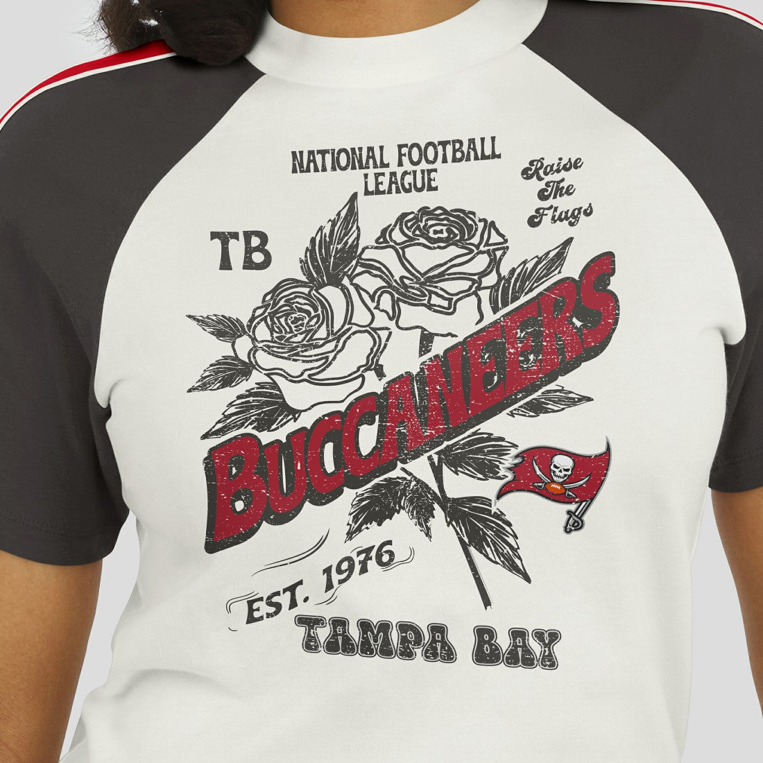 Tampa Bay Buccaneers WEAR by Erin Andrews Women's Sleeve Stripe Distressed Raglan T-Shirt White | NFL
