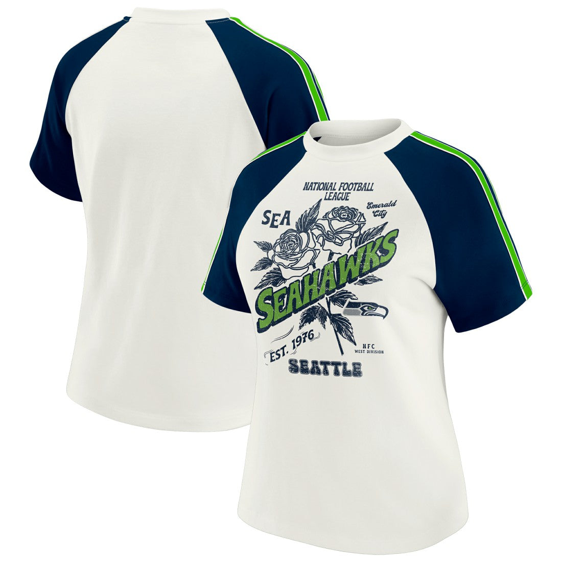 Seattle Seahawks WEAR by Erin Andrews Women's Sleeve Stripe Distressed Raglan T-Shirt White | NFL