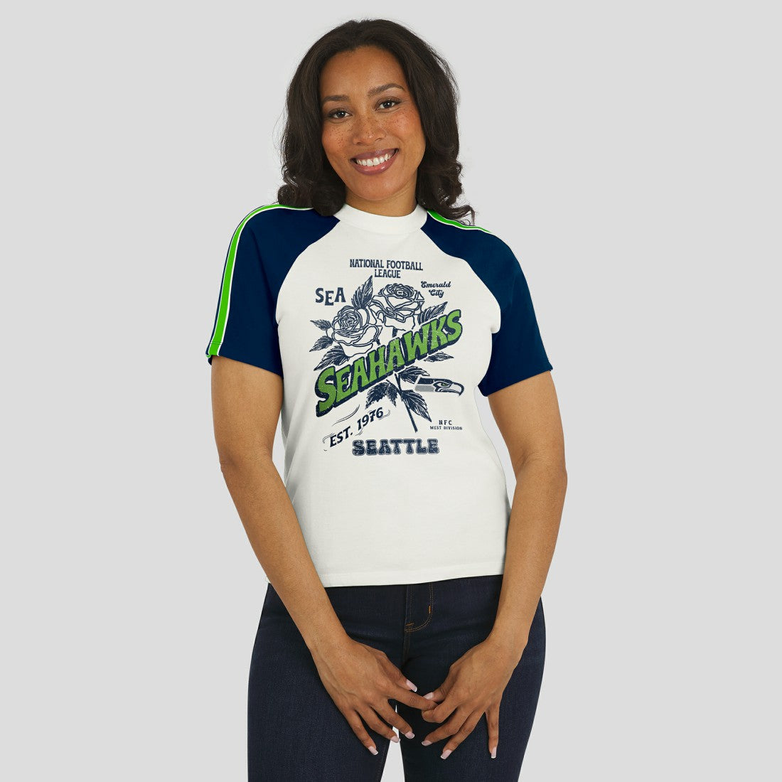 Seattle Seahawks WEAR by Erin Andrews Women's Sleeve Stripe Distressed Raglan T-Shirt White | NFL