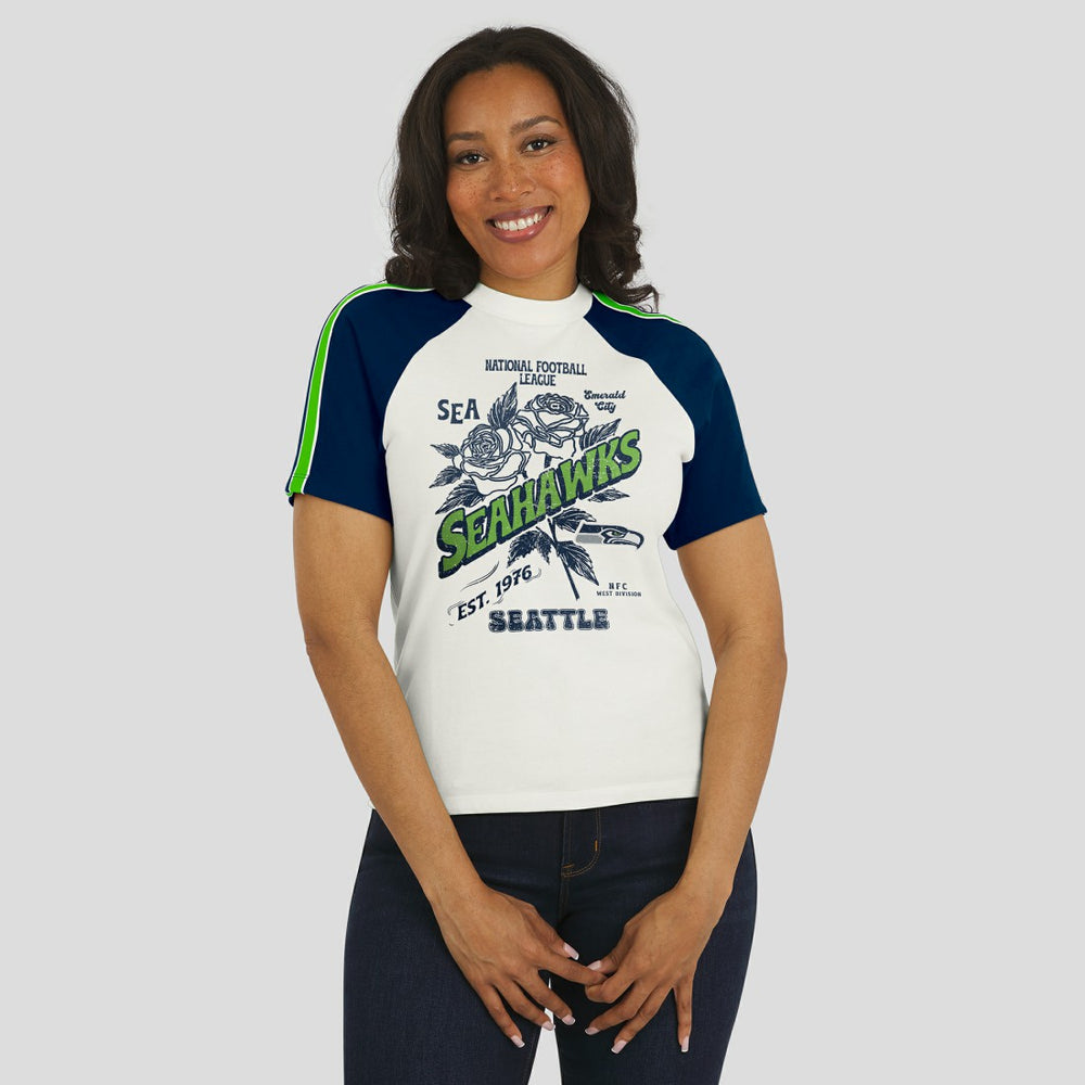 Seattle Seahawks WEAR by Erin Andrews Women's Sleeve Stripe Distressed Raglan T-Shirt White | NFL