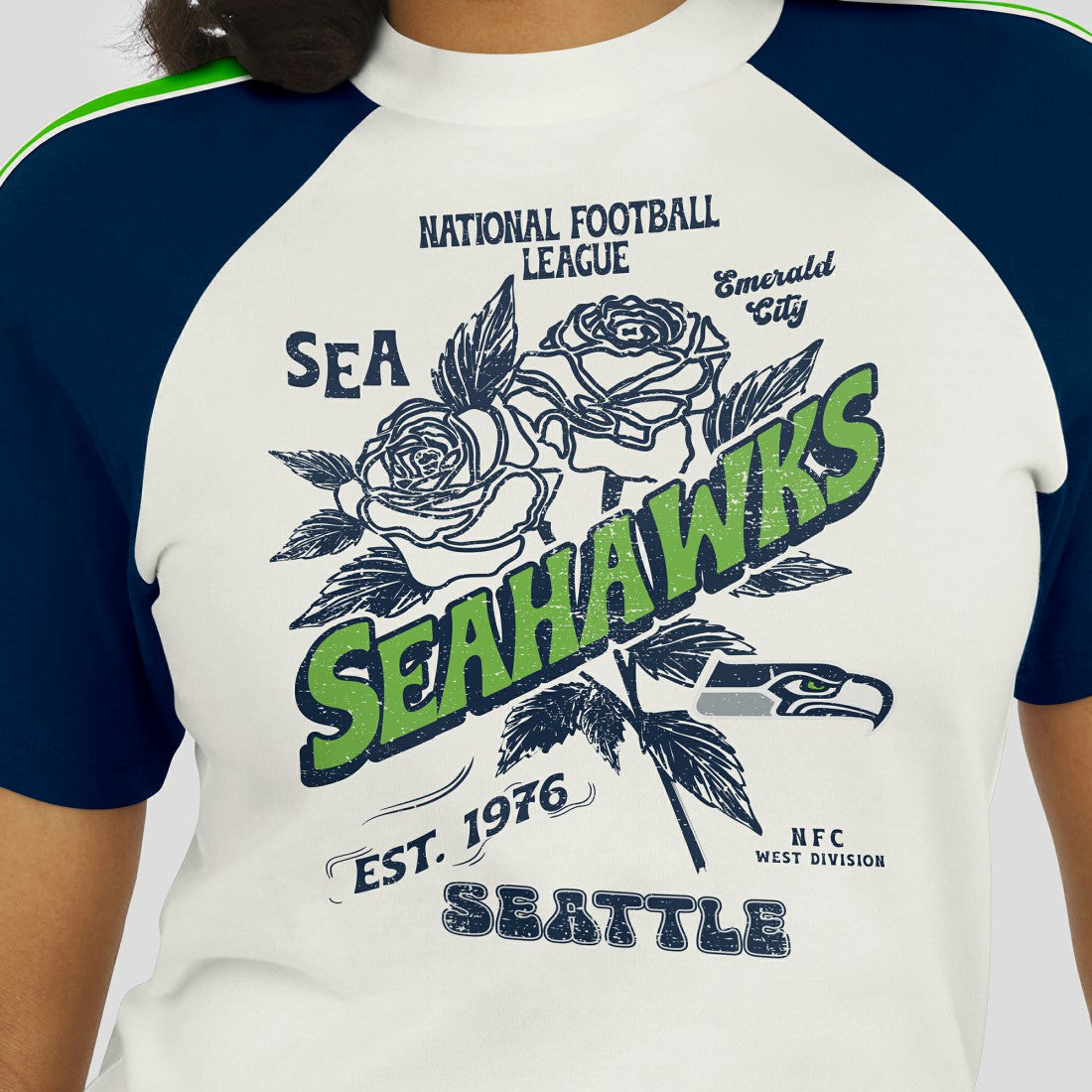 Seattle Seahawks WEAR by Erin Andrews Women's Sleeve Stripe Distressed Raglan T-Shirt White | NFL