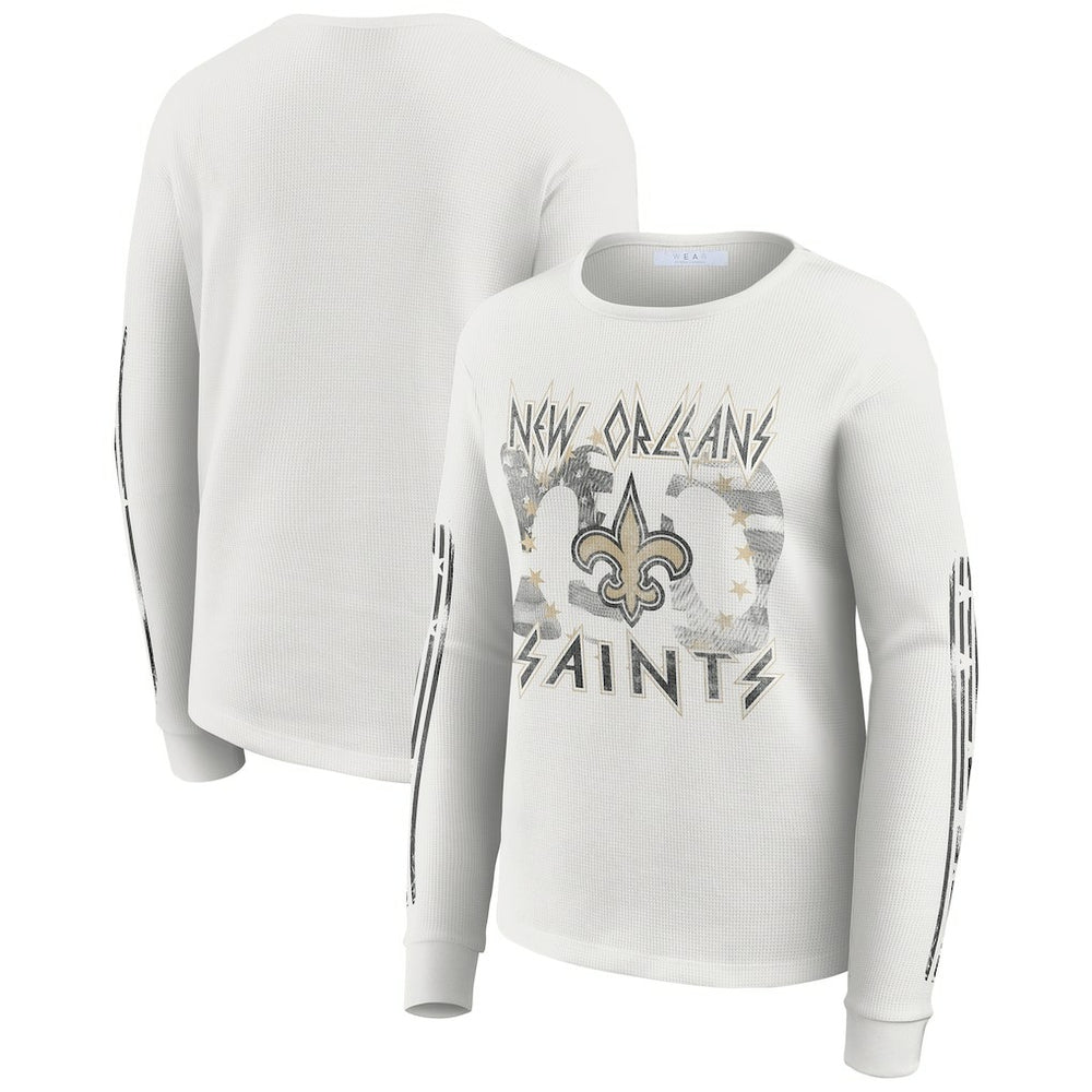New Orleans Saints WEAR by Erin Andrews Women's Graphic Waffle Long-Sleeve T-Shirt White | NFL