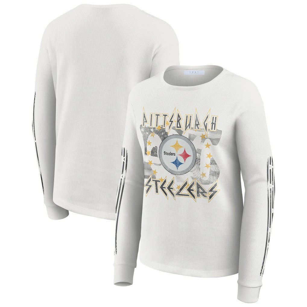 Pittsburgh Steelers WEAR by Erin Andrews Women's Graphic Waffle Long-Sleeve T-Shirt White | NFL