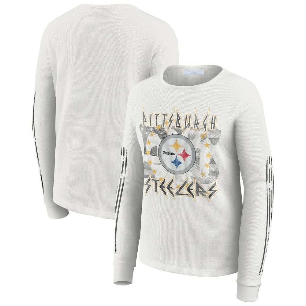 Pittsburgh Steelers WEAR by Erin Andrews Women's Graphic Waffle Long-Sleeve T-Shirt White | NFL