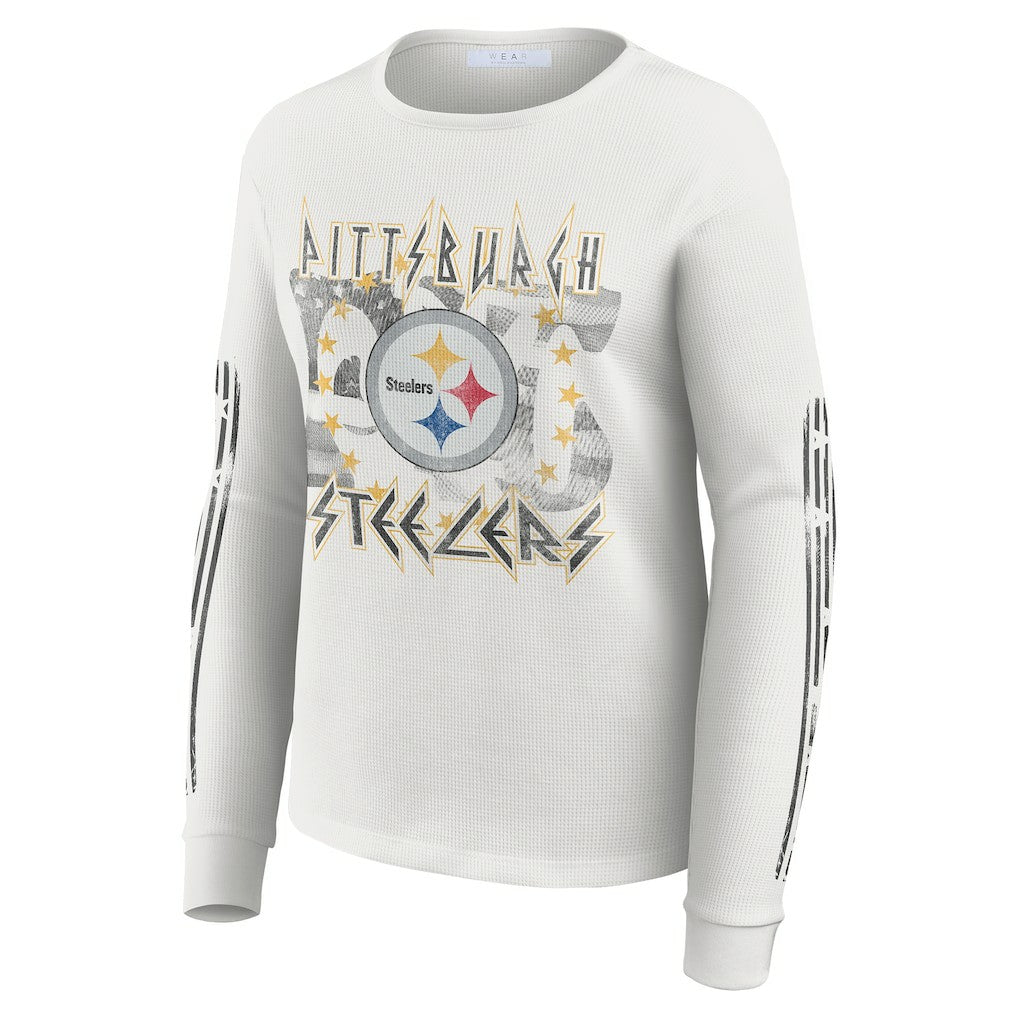Pittsburgh Steelers WEAR by Erin Andrews Women's Graphic Waffle Long-Sleeve T-Shirt White | NFL