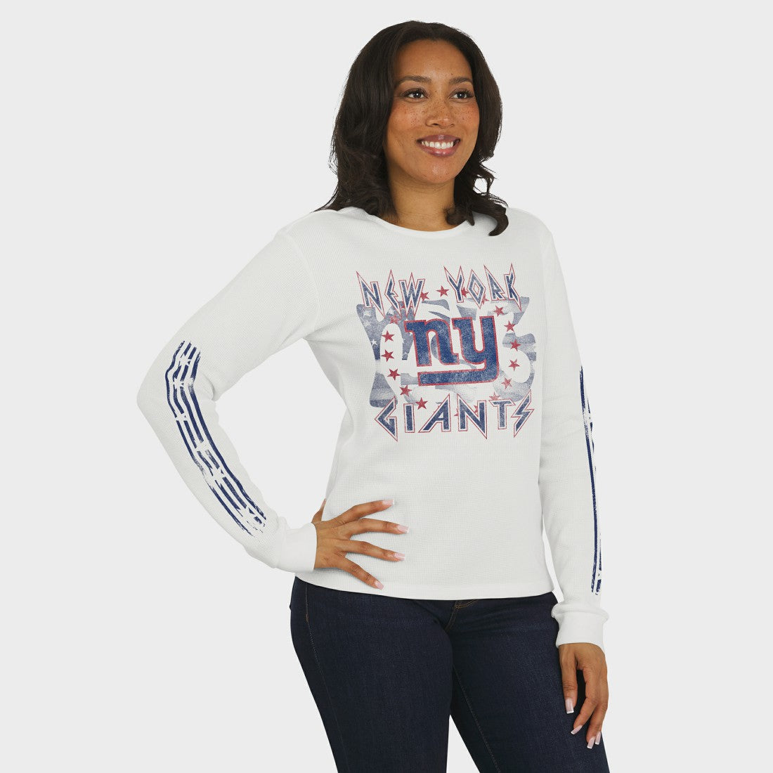 New York Giants WEAR by Erin Andrews Women's Graphic Waffle Long-Sleeve T-Shirt White | NFL