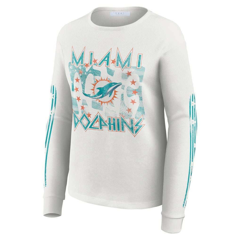 Miami Dolphins WEAR by Erin Andrews Women's Graphic Waffle Long-Sleeve T-Shirt White | NFL