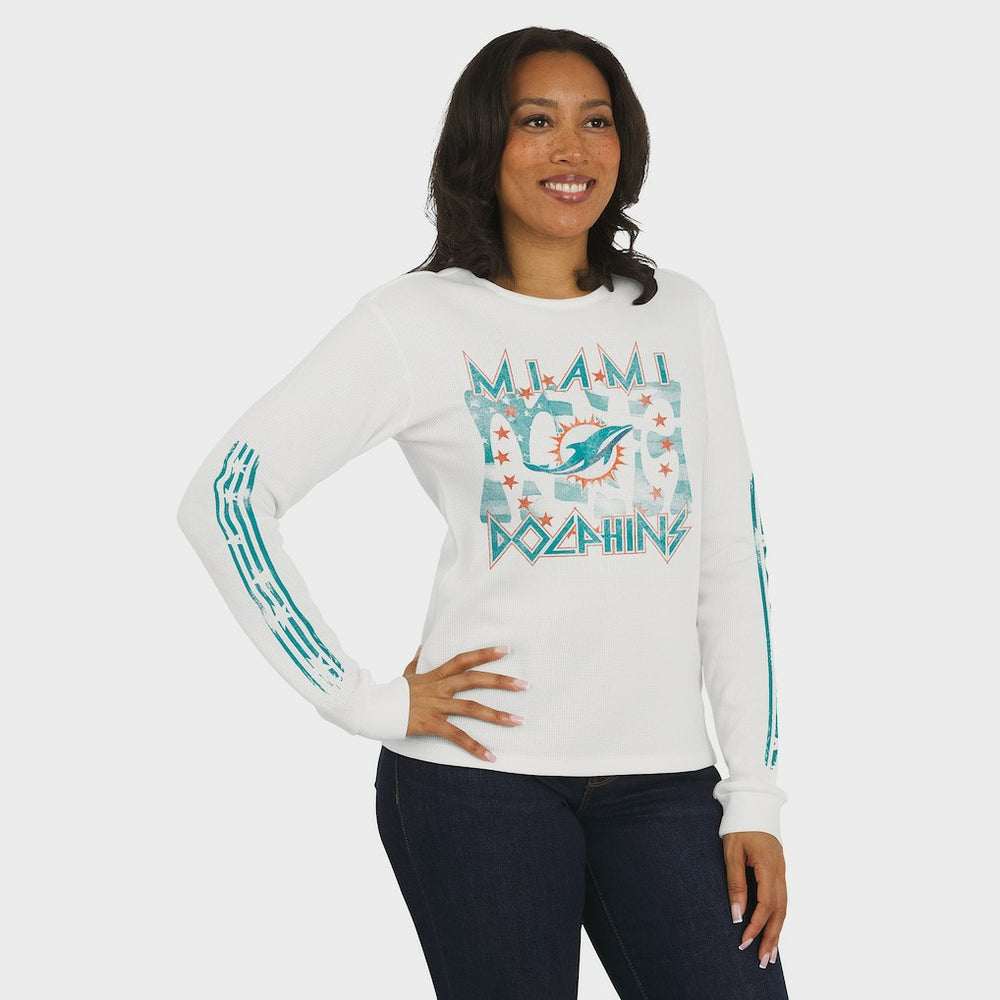 Miami Dolphins WEAR by Erin Andrews Women's Graphic Waffle Long-Sleeve T-Shirt White | NFL