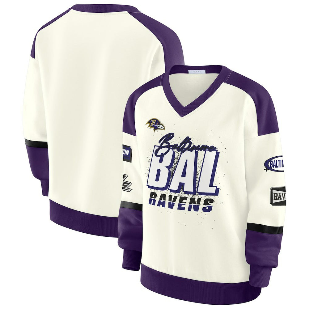 Baltimore Ravens WEAR by Erin Andrews Women's Racing Crew V-Neck Sweatshirt Cream | NFL