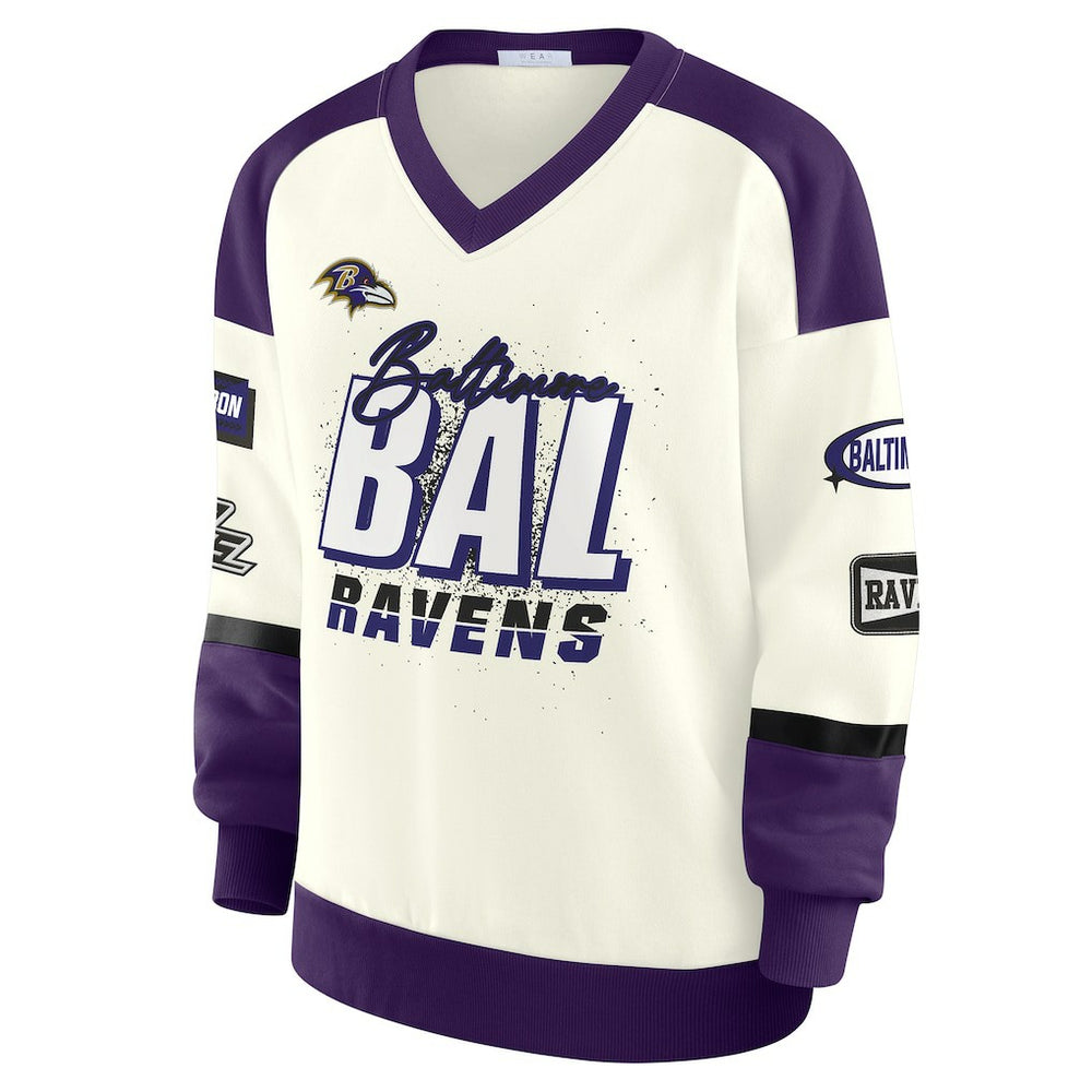 Baltimore Ravens WEAR by Erin Andrews Women's Racing Crew V-Neck Sweatshirt Cream | NFL