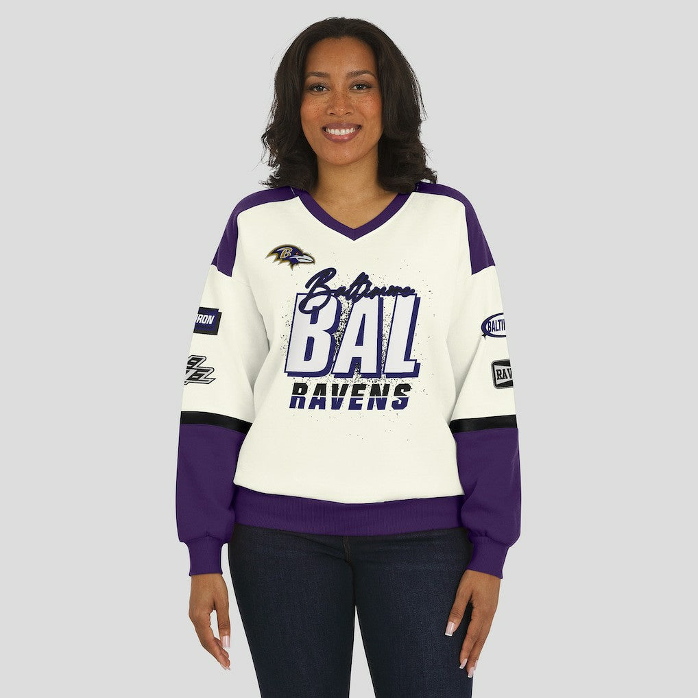 Baltimore Ravens WEAR by Erin Andrews Women's Racing Crew V-Neck Sweatshirt Cream | NFL