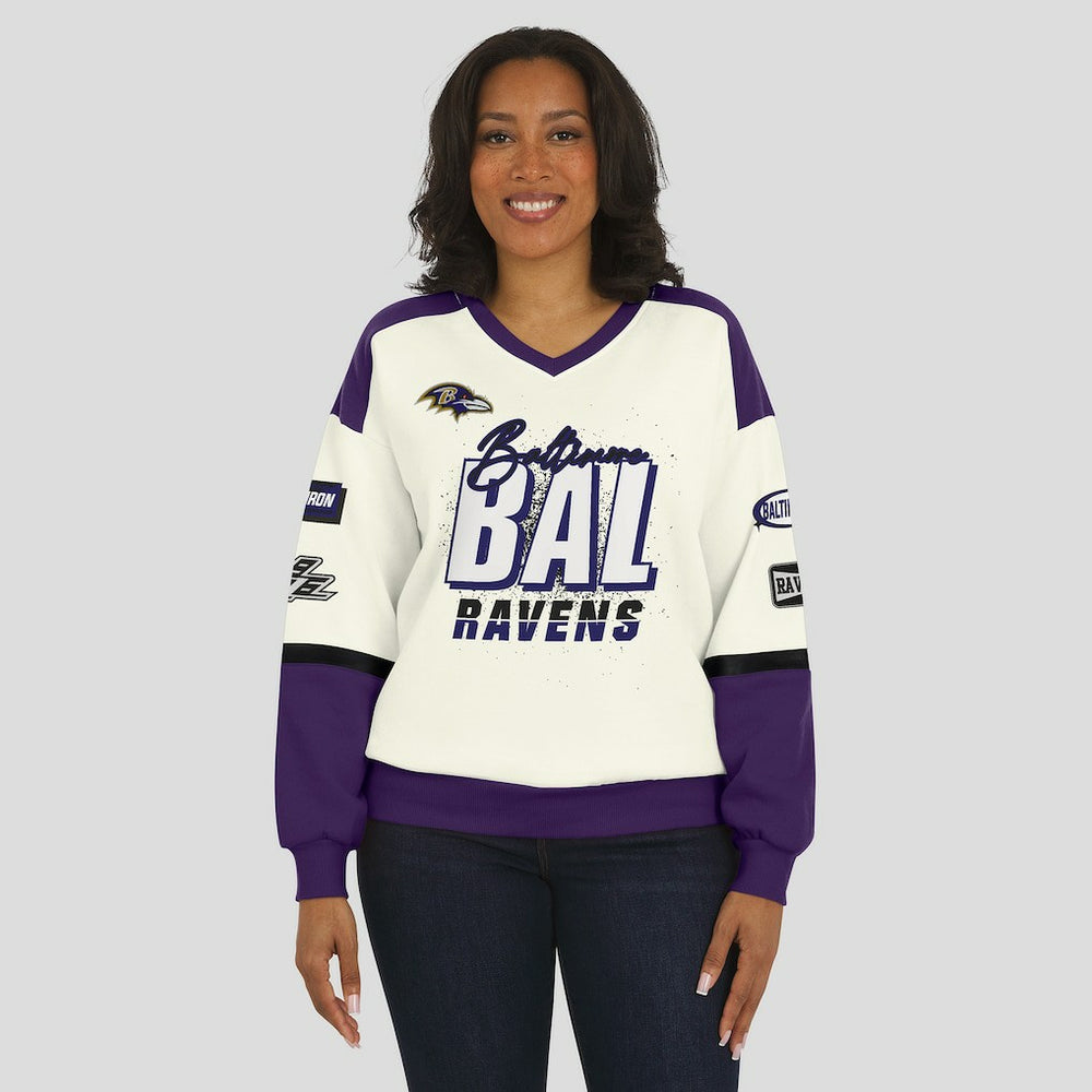 Baltimore Ravens WEAR by Erin Andrews Women's Racing Crew V-Neck Sweatshirt Cream | NFL