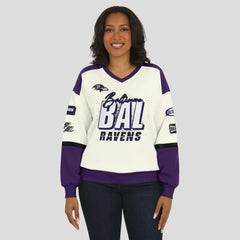Baltimore Ravens WEAR by Erin Andrews Women's Racing Crew V-Neck Sweatshirt Cream | NFL