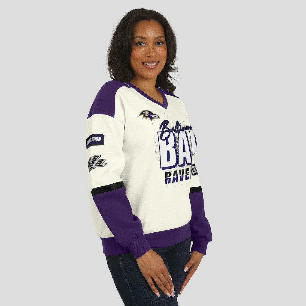 Baltimore Ravens WEAR by Erin Andrews Women's Racing Crew V-Neck Sweatshirt Cream | NFL