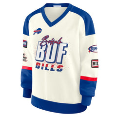 Buffalo Bills WEAR by Erin Andrews Women's Racing Crew V-Neck Sweatshirt Cream | NFL