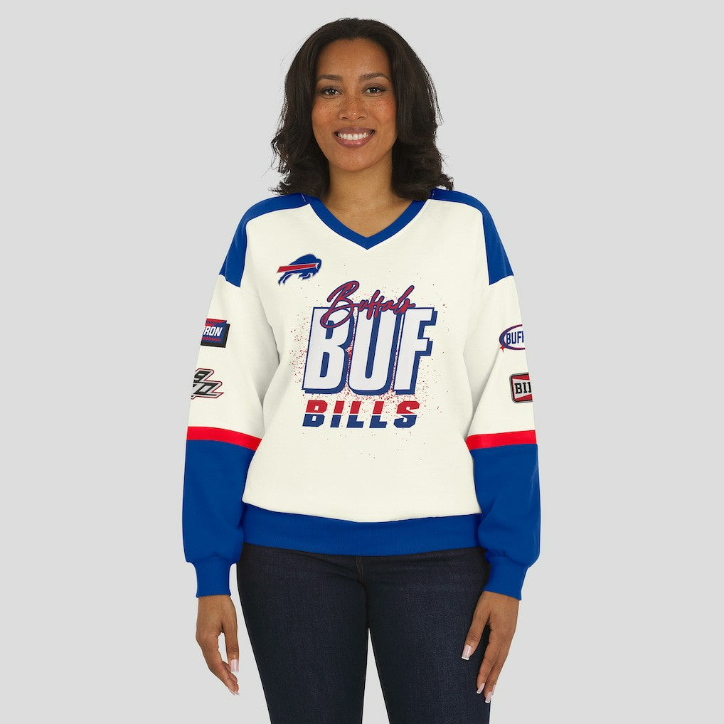 Buffalo Bills WEAR by Erin Andrews Women's Racing Crew V-Neck Sweatshirt Cream | NFL
