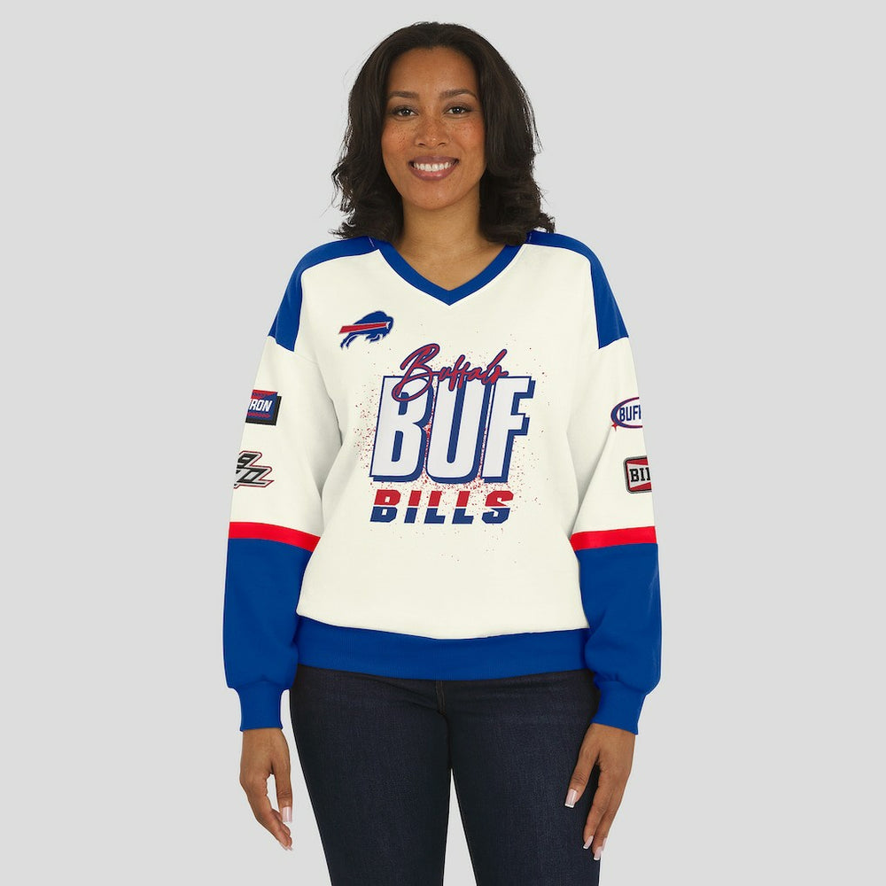 Buffalo Bills WEAR by Erin Andrews Women's Racing Crew V-Neck Sweatshirt Cream | NFL