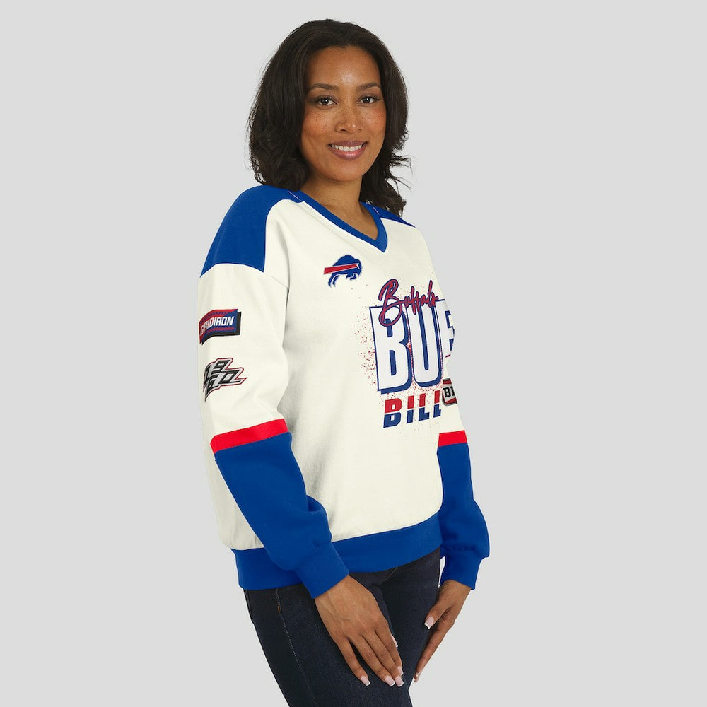 Buffalo Bills WEAR by Erin Andrews Women's Racing Crew V-Neck Sweatshirt Cream | NFL
