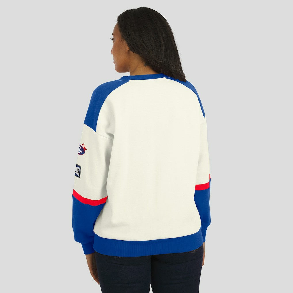 Buffalo Bills WEAR by Erin Andrews Women's Racing Crew V-Neck Sweatshirt Cream | NFL