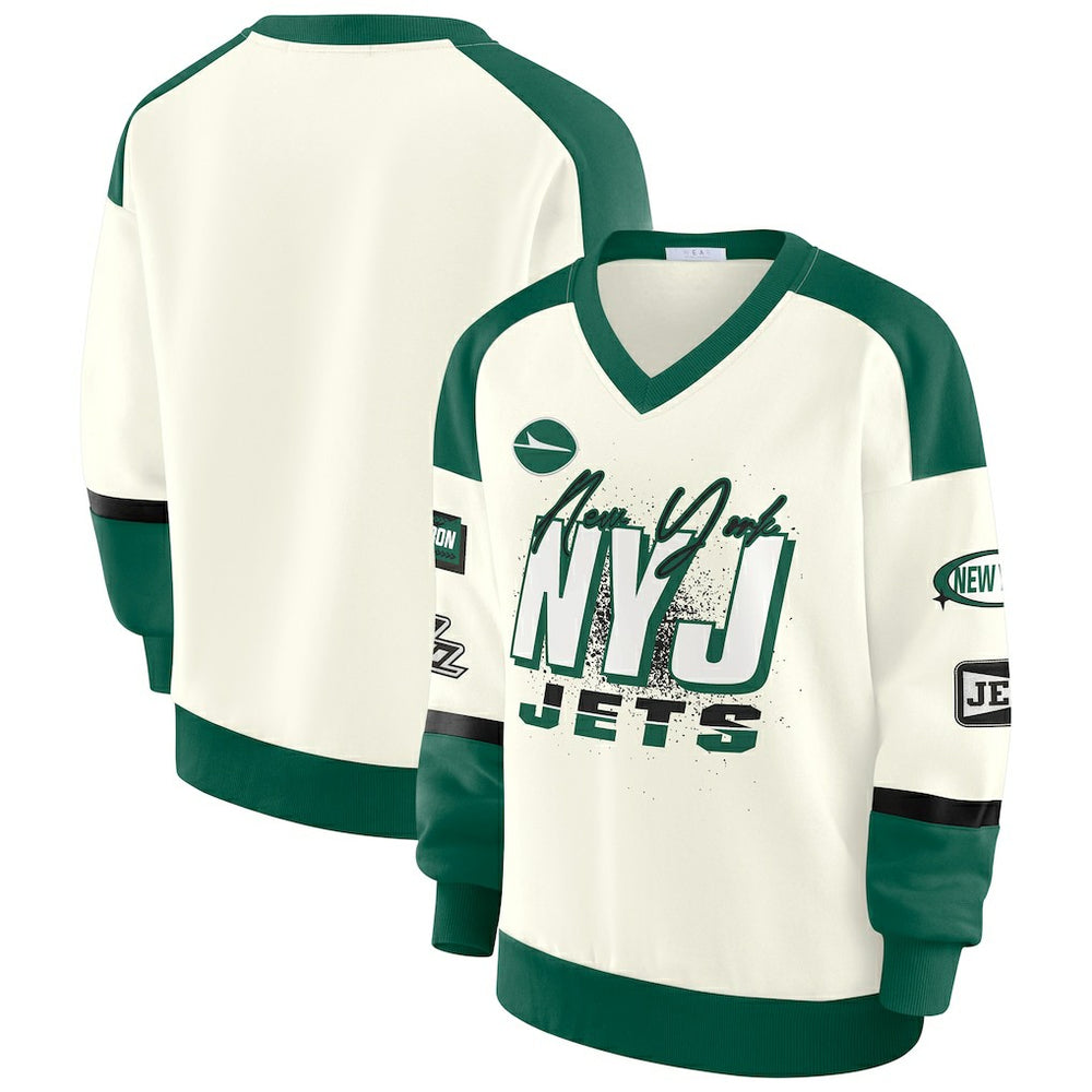 New York Jets WEAR by Erin Andrews Women's Racing Crew V-Neck Sweatshirt Cream | NFL