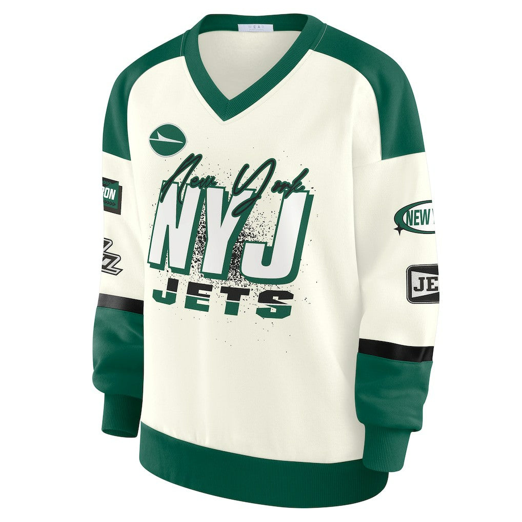 New York Jets WEAR by Erin Andrews Women's Racing Crew V-Neck Sweatshirt Cream | NFL
