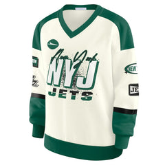 New York Jets WEAR by Erin Andrews Women's Racing Crew V-Neck Sweatshirt Cream | NFL