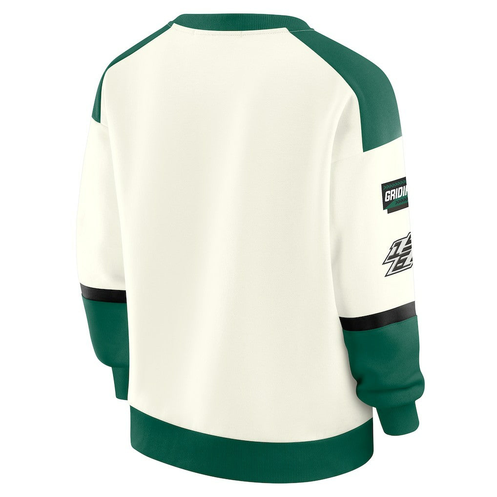New York Jets WEAR by Erin Andrews Women's Racing Crew V-Neck Sweatshirt Cream | NFL