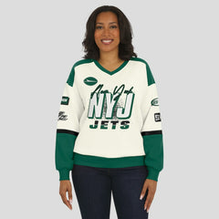 New York Jets WEAR by Erin Andrews Women's Racing Crew V-Neck Sweatshirt Cream | NFL