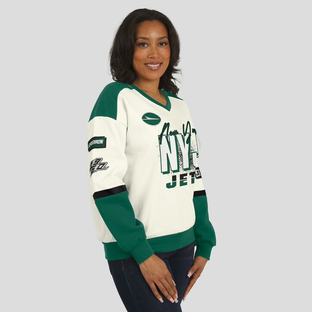 New York Jets WEAR by Erin Andrews Women's Racing Crew V-Neck Sweatshirt Cream | NFL